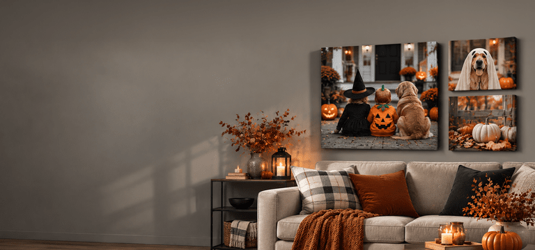 3 halloween themed canvas prints on a wall with a sofa decorated for the fall season.