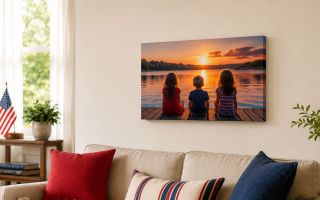 A canvas print hanging on a wall featuring 3 children sitting on a dock watching the sunset. The room is light and neutral with small red white and blue accent pillows.