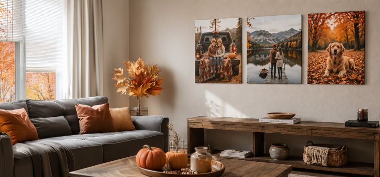 three fall canvas prints, hung over a shelf in a modern, autumn themed living room.