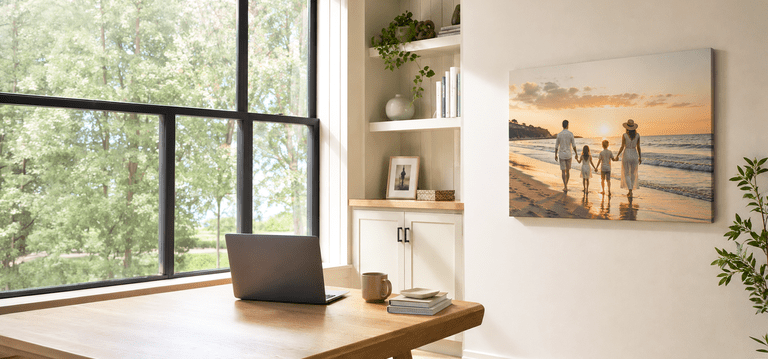 canvas print of a family walking on a sunset beach, hung in a modern office space behind a small table.