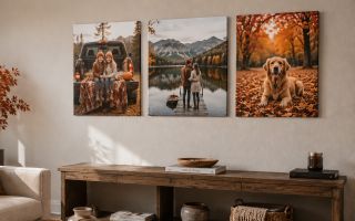 three fall canvas prints, hung over a shelf in a modern, autumn themed living room.