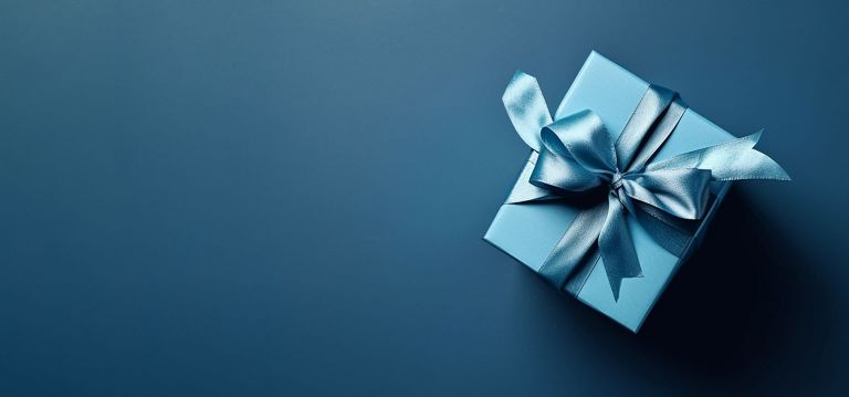 A photo of a gift box with a blue bow.