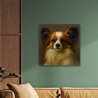 Portrait of a Papillon dog with long ears on a green wall