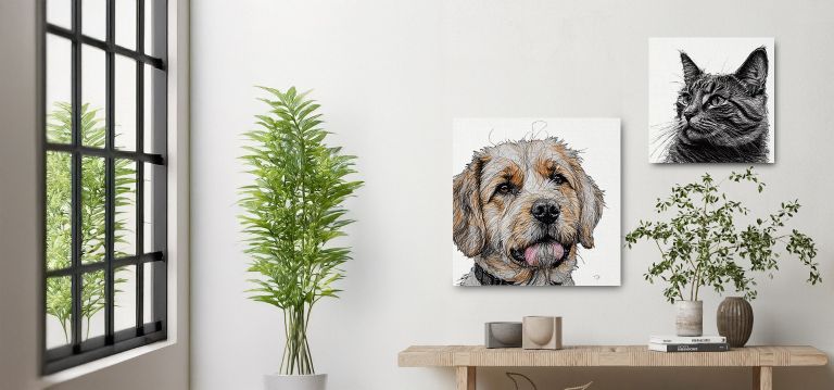 A canvas print of a dog hanging above a lounge chair.