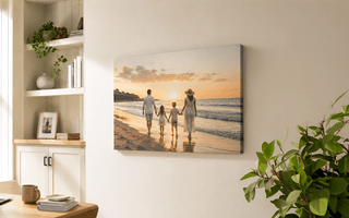 canvas print of a family walking on a sunset beach, hung in a modern office space behind a small table.