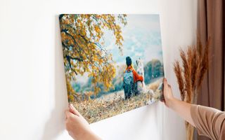 A person hanging a canvas print on a white wall. The canvas features a serene landscape of a dog and their owner.