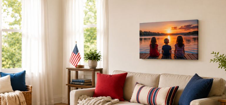 A canvas print hanging on a wall featuring 3 children sitting on a dock watching the sunset. The room is light and neutral with small red white and blue accent pillows.