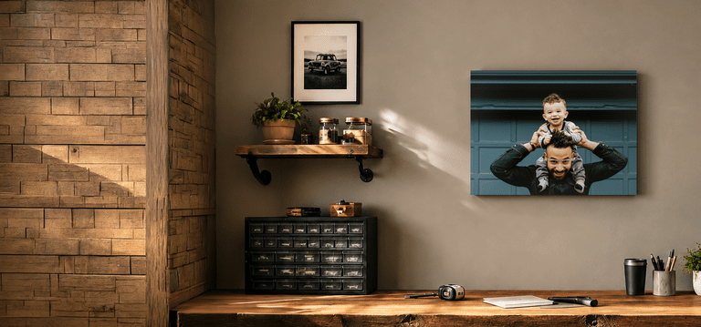 custom canvas print displayed in a modern home workshop