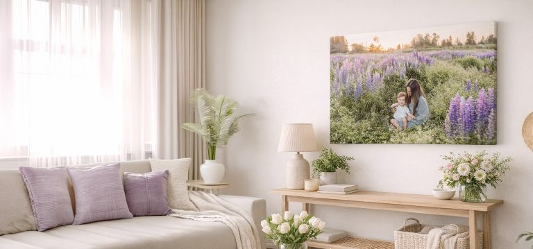 A canvas print of a woman and child sitting in a field of purple flowers. Hanging over a shelf in a white room scene with flower accents.