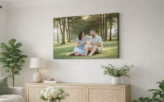 Canvas print of a couple in a green wooded scene hanging on a wall above a modern entertainment center and sofa.