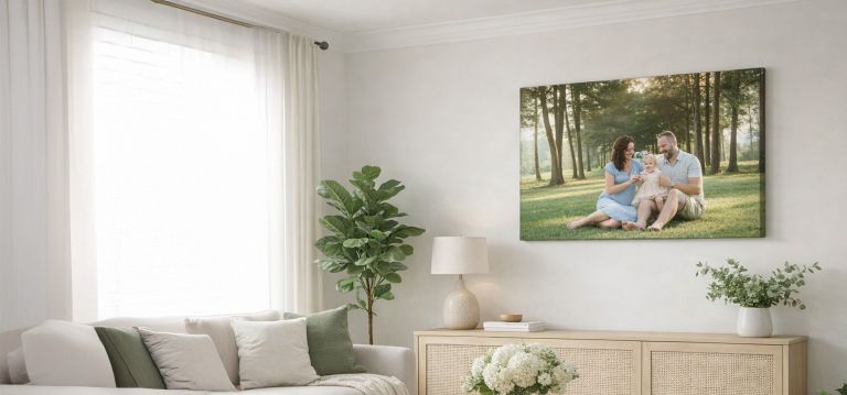 bright, modern living room featuring a custom family canvas displayed above a console table with green plants and natural lighting.