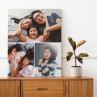 Various photos of a little girl and her family printed as a photo collage on canvas.