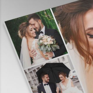 Various photos of a couple on their wedding day printed as a photo collage on canvas.
