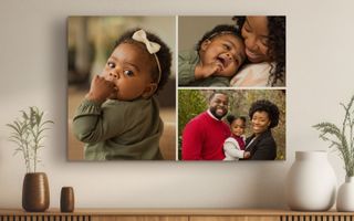 A photo collage canvas of a baby and her family hangs on the wall.