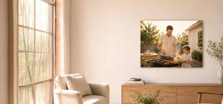 a canvas print of a dad and son grilling in the backyard. Hung in a modern, minimal room.